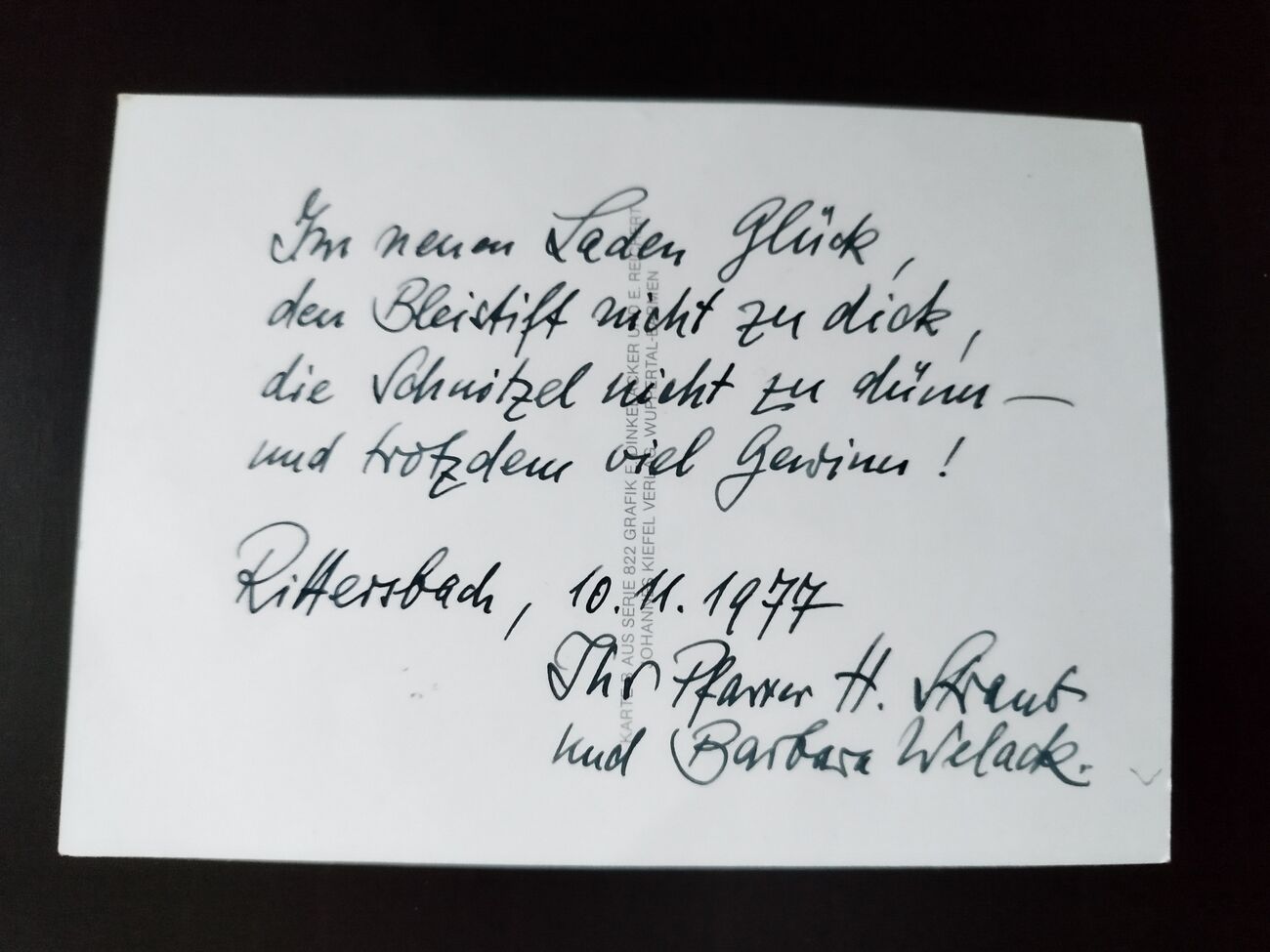 Glückwunschkarte vom Pfarrer Straub zur Ladeneröffnung Metzgerei Böbel anno 1977