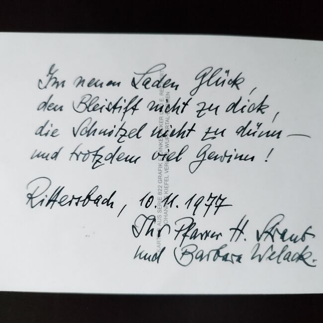 Glückwunschkarte vom Pfarrer Straub zur Ladeneröffnung Metzgerei Böbel anno 1977